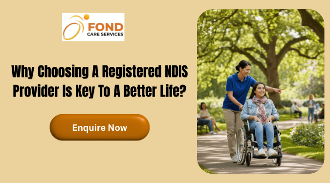 Registered NDIS provider supporting a person in a wheelchair outdoors with a caregiver, highlighting quality disability care services.